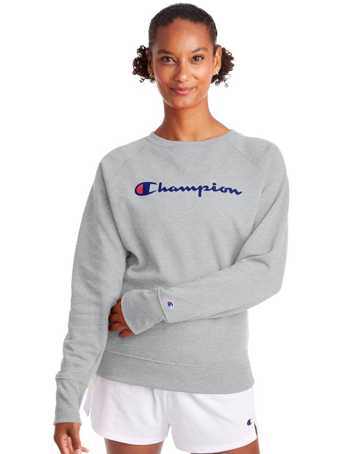 Champion Powerblend Fleece Classic Crew Script Logo Kadın Sweatshirt Gri ( QISLUP948 )